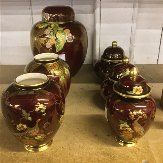 Carlton ware rouge royale ginger jar and 5 other vases(-)